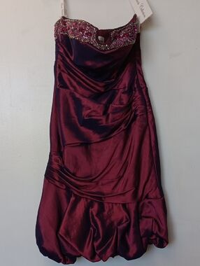 Strapless Beaded Bust Bordeaux Evening Dress.